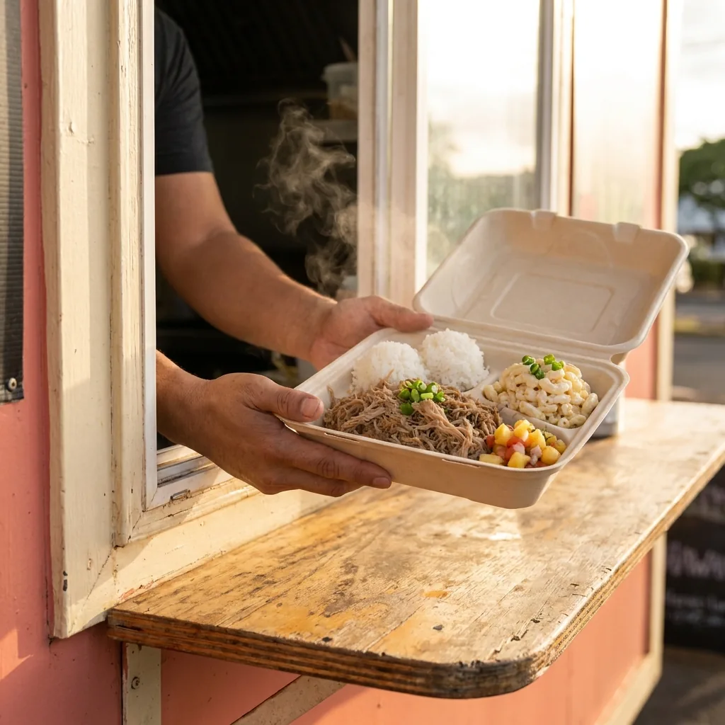 A plate lunch on the counter at the Kahului stop