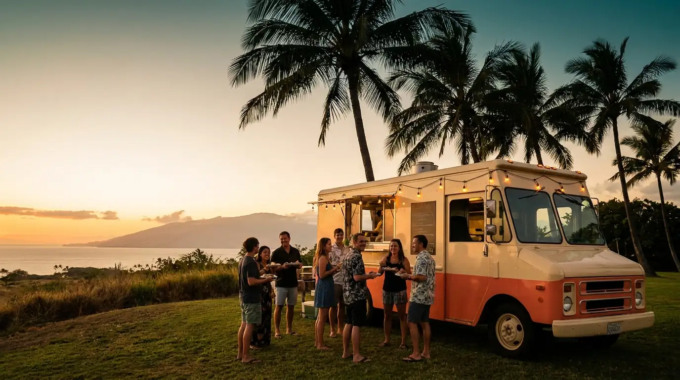 The truck parked at Launiupoko with a line of customers
